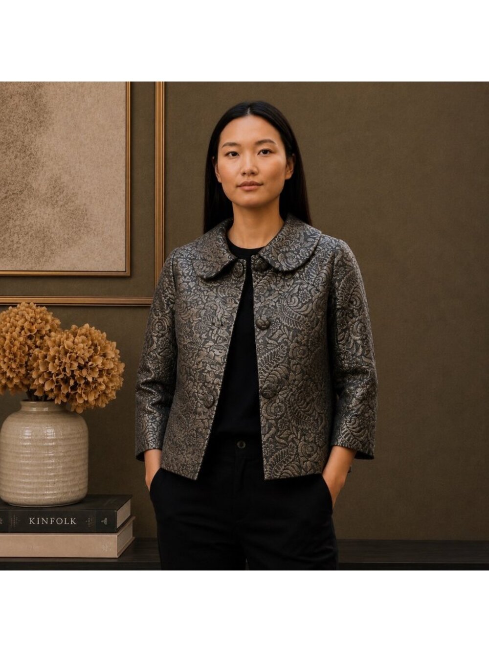 Banana Republic Metalic Silk Brocade Jacket Cropped Floral Size M